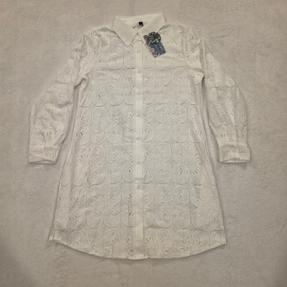 CiCiBird Women's White Lace Button Front Shirt Dress, Small NWT